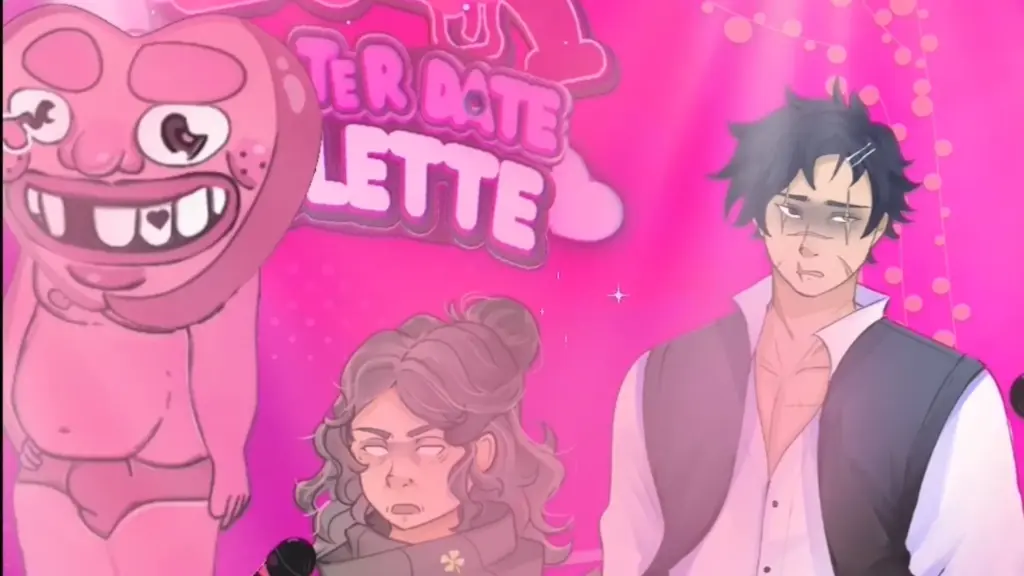 Disaster Date Roulette Valentine's Day Movie Still. Thomas and Abby next to a dancing Heart Guy.
