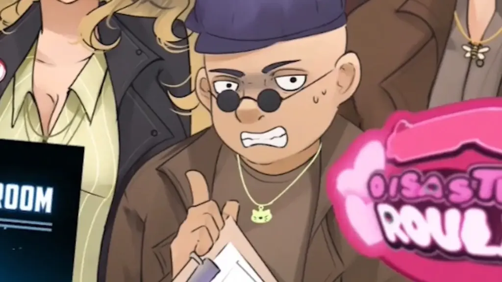Disaster Date Roulette Valentine's Day Movie Still. Grev angry in audience.
