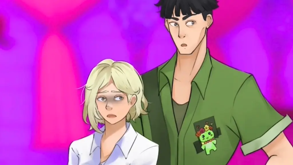 Disaster Date Roulette Valentine's Day Movie Still. Scarlett shocked next to Alliard.
