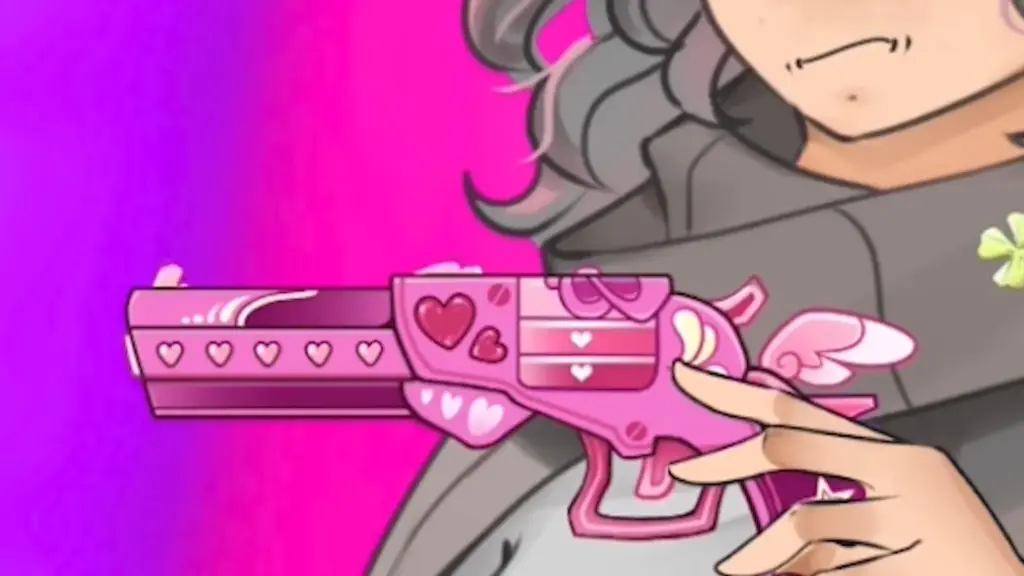 Disaster Date Roulette Valentine's Day Movie Still. Abby close up holding goo gun.
