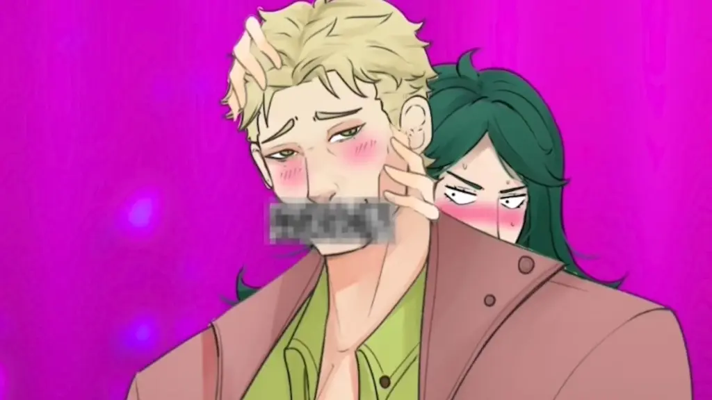 Disaster Date Roulette Valentine's Day Movie Still. Damien censored as Wagner blushes behind him.

