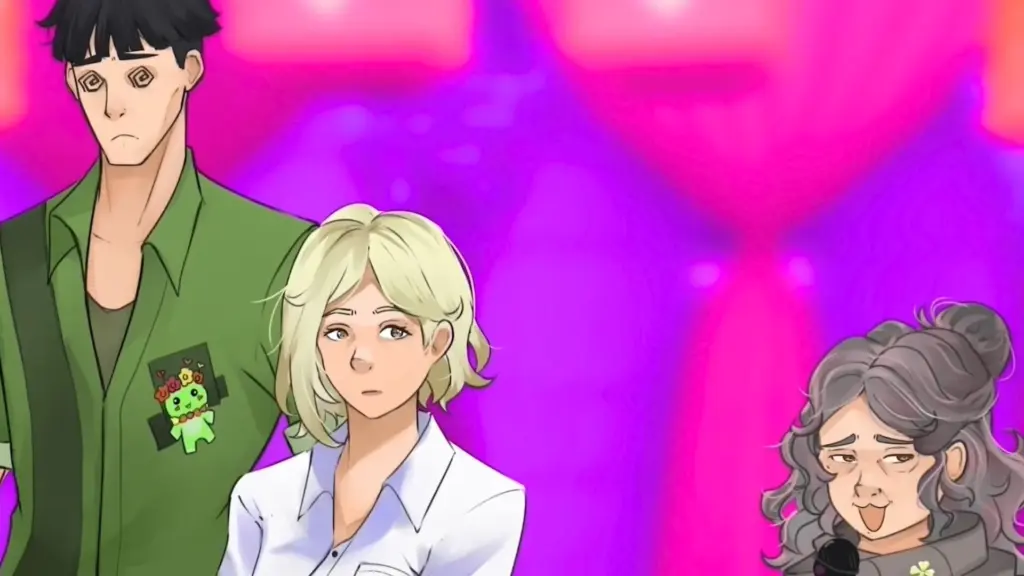 Disaster Date Roulette Valentine's Day Movie Still. Alliard and Scarlett getting laughed at by Abby.
