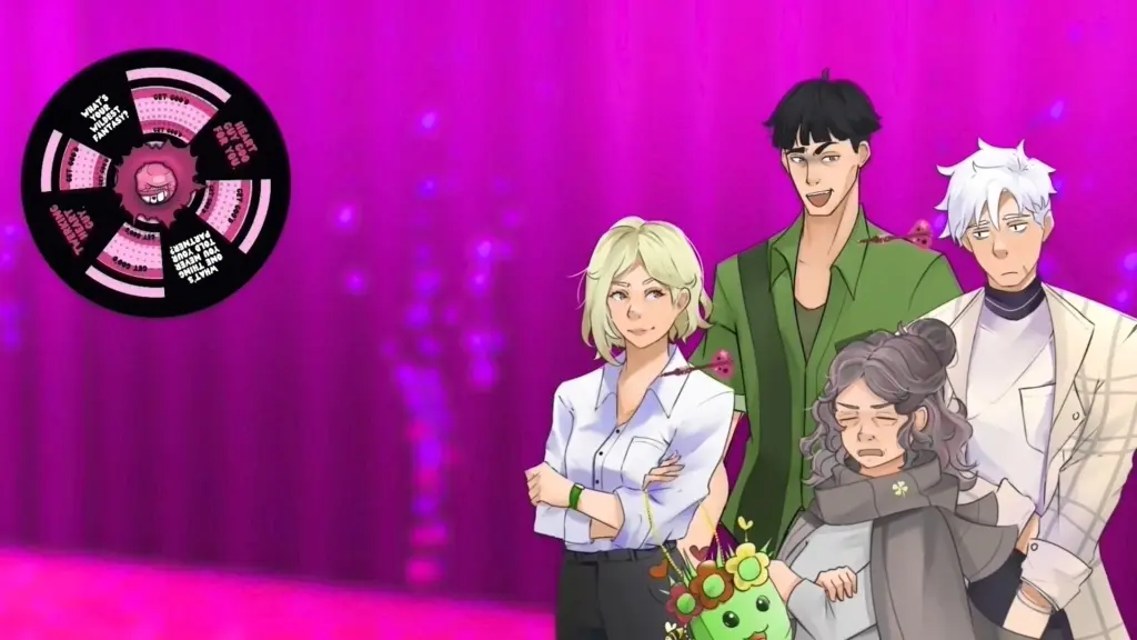 Disaster Date Roulette Valentine's Day Movie Still. Scarlett, Alliard, Abby and Ken next to the wheel.
