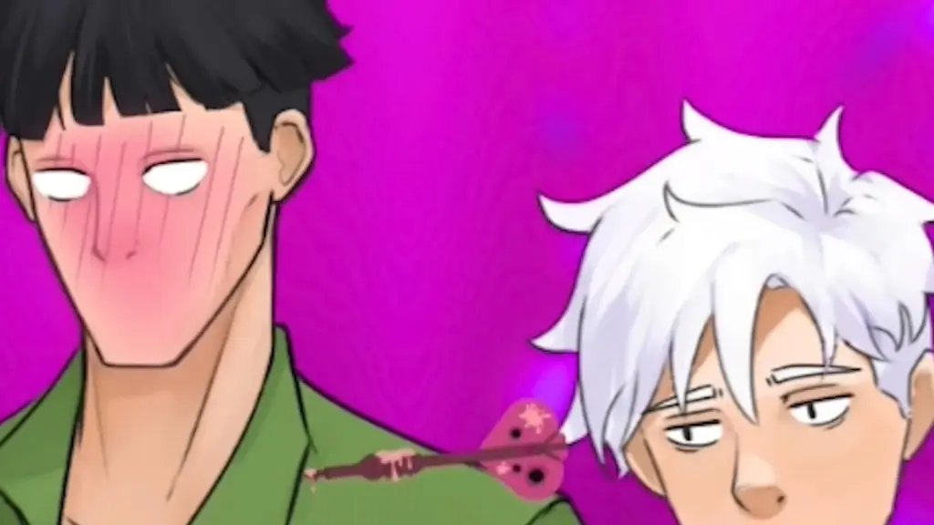 Disaster Date Roulette Valentine's Day Movie Still. Alliard blushing as Ken sighs.
