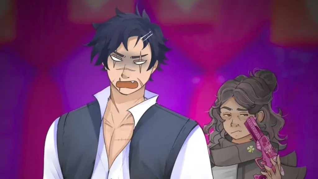 Disaster Date Roulette Valentine's Day Movie Still. Thomas getting angry as Abby holds gun to head.
