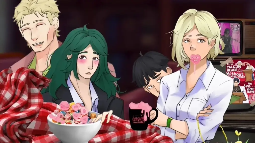 Disaster Date Roulette Valentine's Day Movie Still. Damien, Wagner and Scarlett eating heart cookies.
