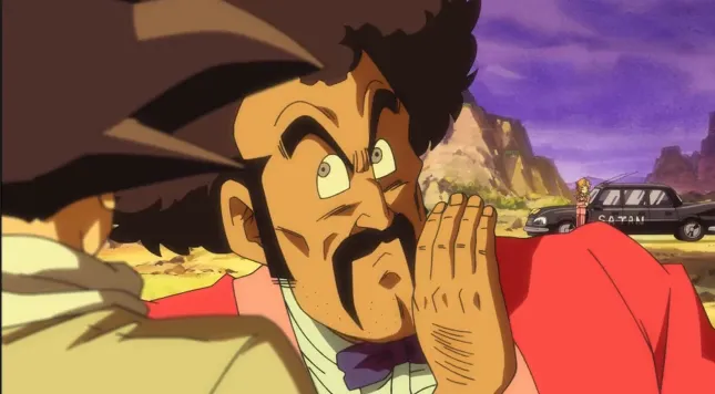 Close-up of Mr. Satan in a red suit whispering with his hand to his mouth, looking nervous, while Goku’s shoulder is in the foreground and a black car sits in the background under a purple sunset sky.