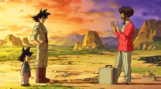 Goku and young Goten standing in a rocky desert at sunset while Mr. Satan gestures nervously with his hands, a suitcase on the ground between them under an orange and purple sky.