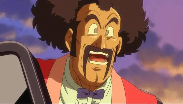 Mr. Satan with wide eyes and an open mouth, looking shocked and startled, wearing his red suit and bow tie against a sunset sky.