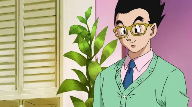 Gohan standing indoors wearing a green cardigan, pink shirt, and blue tie, looking calm and thoughtful with a potted plant and window shutters behind him.