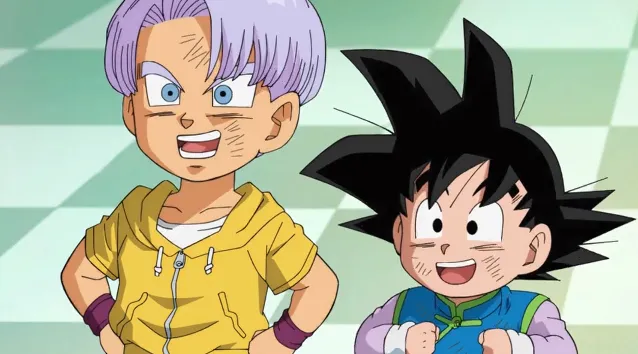 Trunks and Goten standing side by side, both smiling with excitement, Trunks with his hands on his hips and Goten clenching his fists happily.