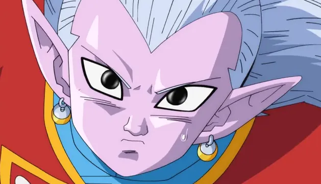 Close-up of Kabuto Kai with a tense, worried expression, a bead of sweat on his cheek, sharp eyes focused forward, and his pointed ears and earrings visible against a red and blue outfit.