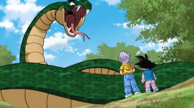 Trunks and Goten standing together in a forest clearing as a massive green snake rises in front of them with its mouth open and tongue out, creating a tense but adventurous moment.