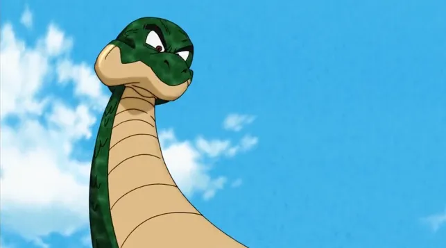 A large green snake rearing up against a bright blue sky, looking downward with narrowed eyes and a stern, watchful expression.