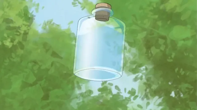 A small clear glass bottle with a cork stopper floating in the air against a green, leafy background, softly lit to give it a magical and mysterious feeling.