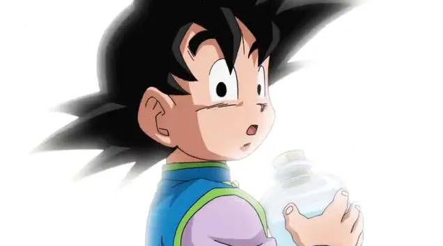 Goten turning his head with a surprised expression while holding a bottle, set against a bright white background that highlights his wide eyes and spiky hair.