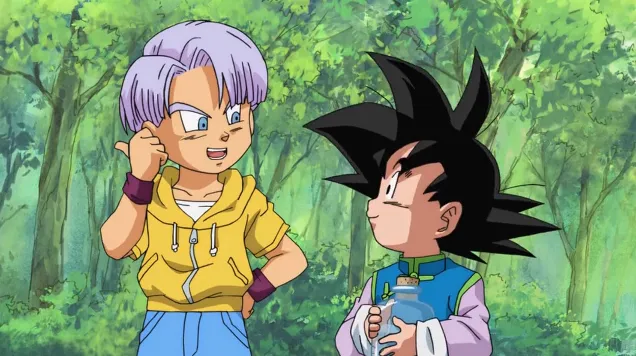 Trunks standing confidently with one hand on his hip and the other near his head while talking to Goten, who is holding a bottle and looking up at him, surrounded by a green forest background.