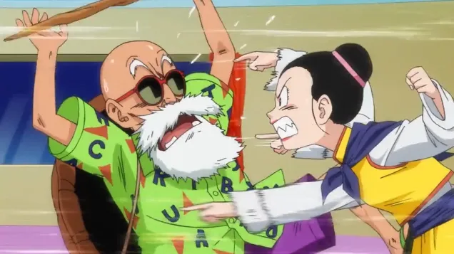 hi-Chi angrily lunges forward with clenched teeth and a raised arm while Master Roshi recoils in shock, his staff flying up as his sunglasses tilt and his beard flares from the sudden movement.