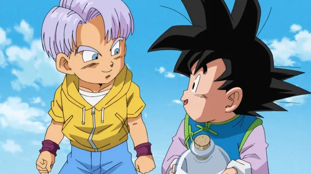 Trunks smiling confidently at Goten while Goten looks back holding a bottle, both standing outdoors under a bright blue sky during a lighthearted moment.