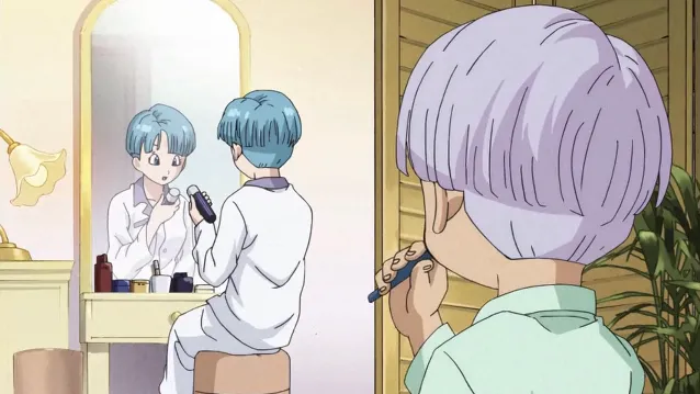 Trunks brushing his teeth while looking toward Bulma in the mirror, who is sitting at a vanity applying makeup, with soft lighting and a calm morning atmosphere in the room.