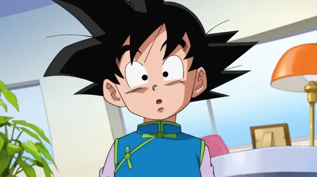 Goten in casual clothes looking surprised indoors, with wide eyes and a small “o” shaped mouth, standing in a bright room with furniture in the background.