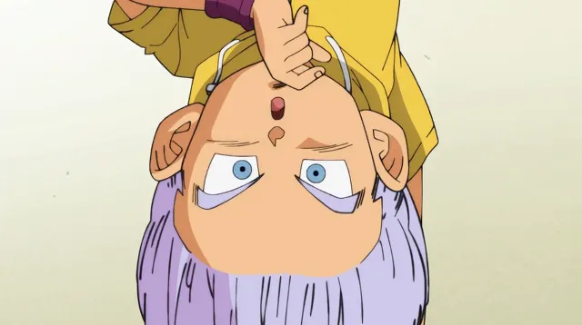 Close-up of Trunks hanging upside down, looking surprised with wide blue eyes and his finger near his mouth.
