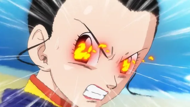Close-up of Chi-Chi with fiery, glowing eyes and an angry expression, her teeth clenched as energy streaks around her to show intense emotion and power.