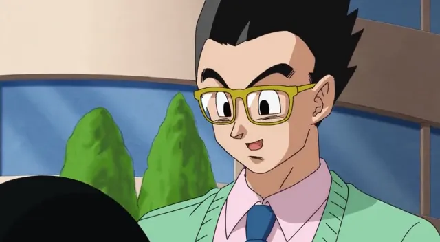 Close-up of Gohan wearing yellow glasses, a green cardigan, pink shirt, and blue tie, smiling gently as he looks down, with trees and a building blurred in the background.