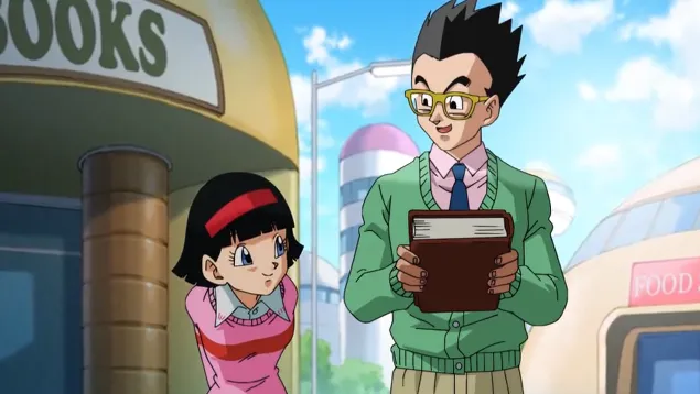 Gohan walking outside holding a stack of books while reading, wearing glasses and a green cardigan, with Videl leaning toward him and smiling in a bright city street scene.