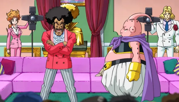 Mr. Satan standing dramatically with his arms crossed in a pink suit, facing Majin Buu in front of a pink couch while cameras record them, with reporters and onlookers watching in a formal room filled with tension and spectacle.