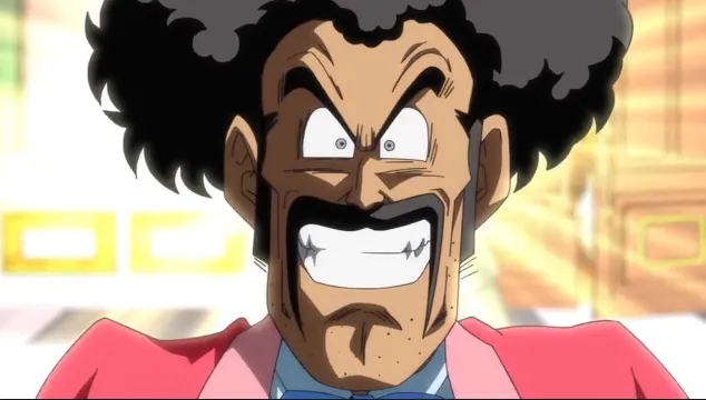 Close-up of Mr. Satan grinning widely with an exaggerated, confident smile, wearing his pink suit and blue bow tie, his expression full of showmanship and comedic bravado.