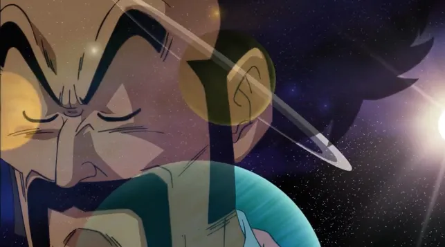 Close-up of Mr. Satan with his eyes closed in deep thought, overlaid against a cosmic background with planets and a glowing ring, creating a reflective, space-themed atmosphere.
