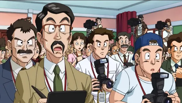 A crowded room full of reporters and photographers looking shocked, holding cameras and notepads, with wide-eyed expressions as they react to unexpected news.