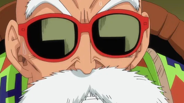 Close-up of Master Roshi wearing red sunglasses, his thick white mustache covering his mouth, with sweat on his face showing a nervous or tense expression.