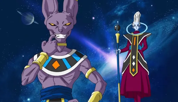 Beerus standing in the foreground with a thoughtful expression and finger to his mouth, while Whis floats behind him holding his staff, both set against a star-filled space background.