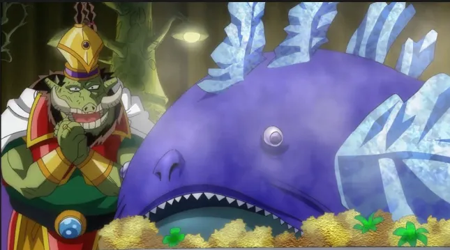 A green, armored character smiling beside a giant purple fish with icy crystal fins and sharp teeth, surrounded by glowing underwater plants in a cave-like setting.