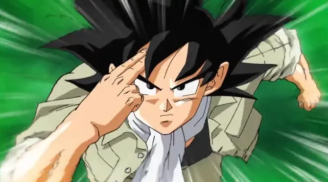 Goku flying forward with intense focus, touching his forehead with two fingers as green motion lines streak behind him, showing speed and determination.
