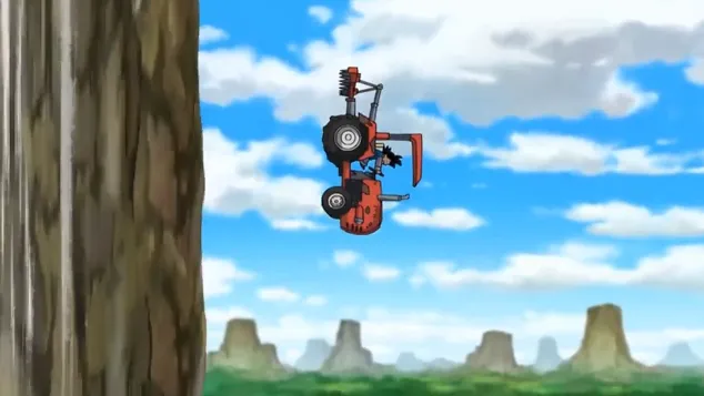 A red tractor flipping upside down in midair near a tall tree, with Goku visible clinging to it as it tumbles against a bright blue sky and rocky farmland in the background.