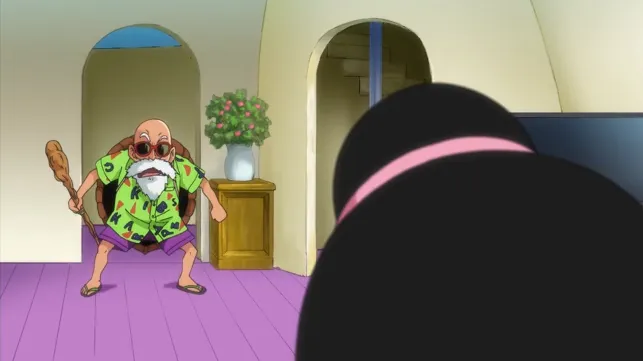 Master Roshi standing in a hallway holding a loaf of bread, wearing a green Hawaiian shirt and purple shorts, looking surprised and tense as Chi-Chi is seen from behind in the foreground inside a brightly colored room.