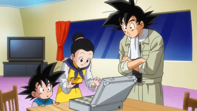 Chi-Chi opening a silver briefcase full of money on a table while Goku and young Goten look on in surprise inside their living room, with Goku standing arms crossed and Goten peeking over the edge of the table.