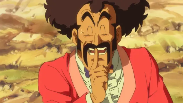 Mr. Satan smiling nervously while holding a finger to his lips in a “shh” gesture, wearing a red suit with a bow tie, standing in a rocky desert area under warm lighting.