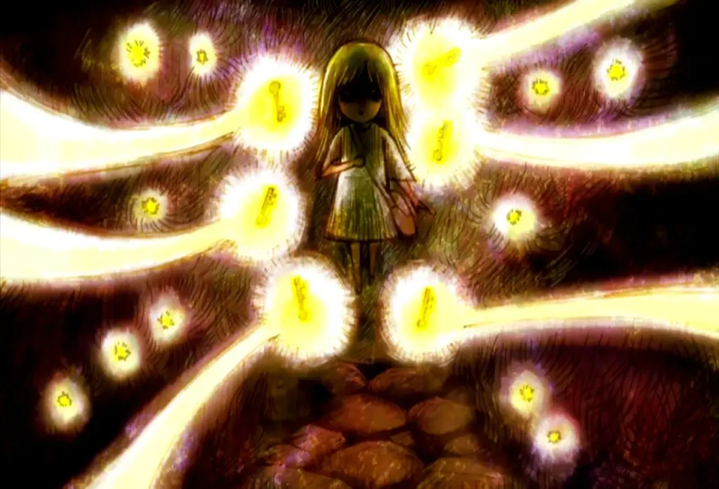 A mysterious blonde girl surrounded by glowing golden keys floating in a dark, dreamlike space.