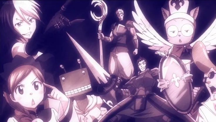 Fairy Tail characters in a fantasy illustration featuring celestial themes and dramatic lighting.