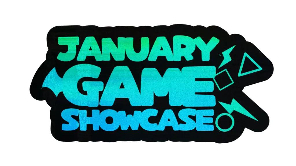 January Game Showcase logo with bold teal and blue text on a black background, featuring playful geometric shapes and a lightning bolt for a fun indie gaming vibe.