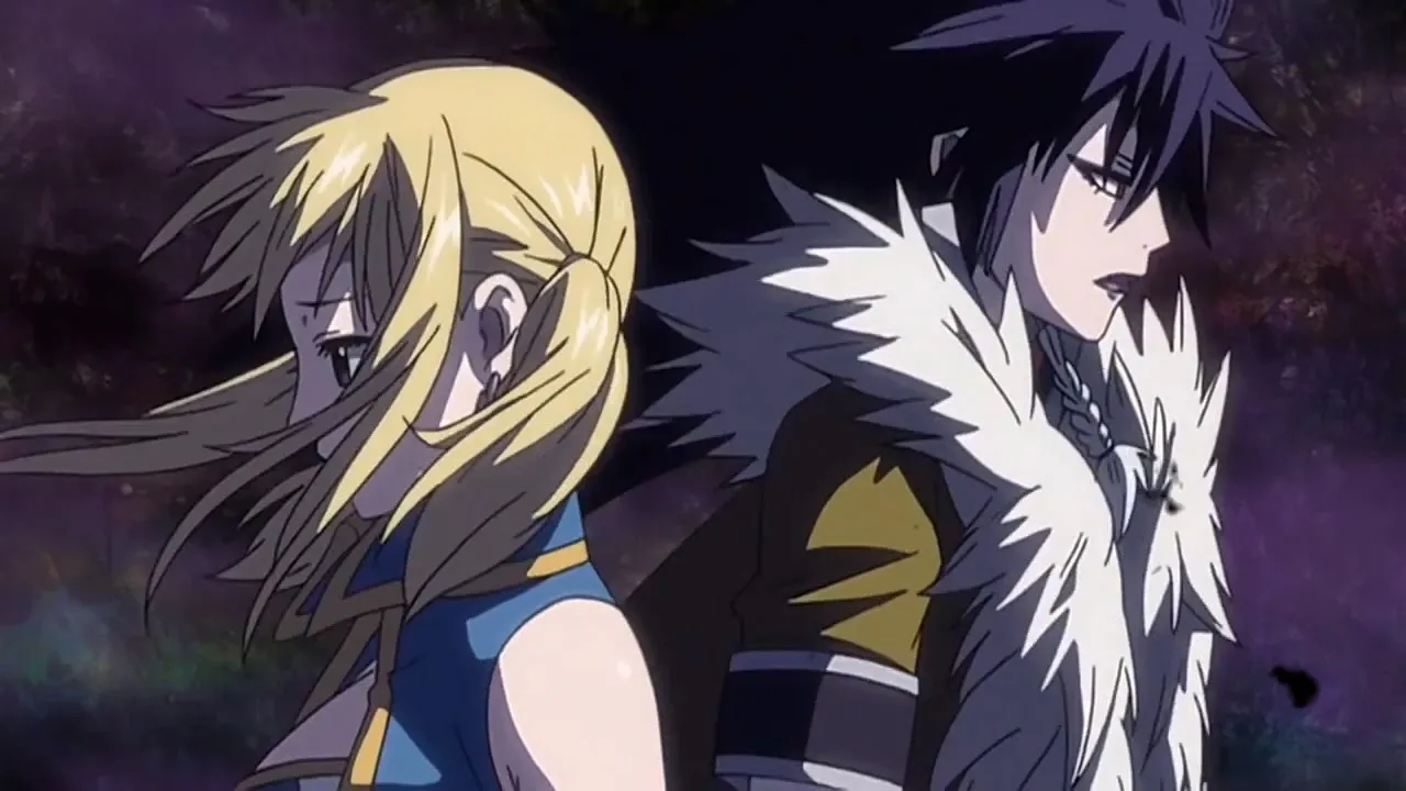 Lucy and a dark-haired male character standing back to back in a dramatic, emotional Fairy Tail moment.