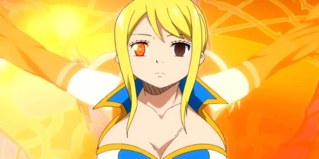 Lucy Heartfilia glowing with golden magic energy, one eye shining bright during a powerful Fairy Tail scene.