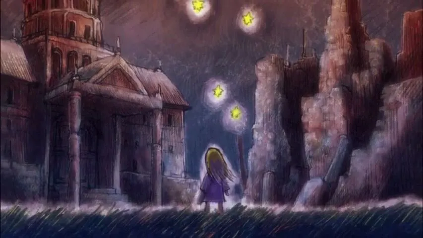 A small blonde girl standing in a ruined city under glowing stars, illustrated in a storybook Fairy Tail style.