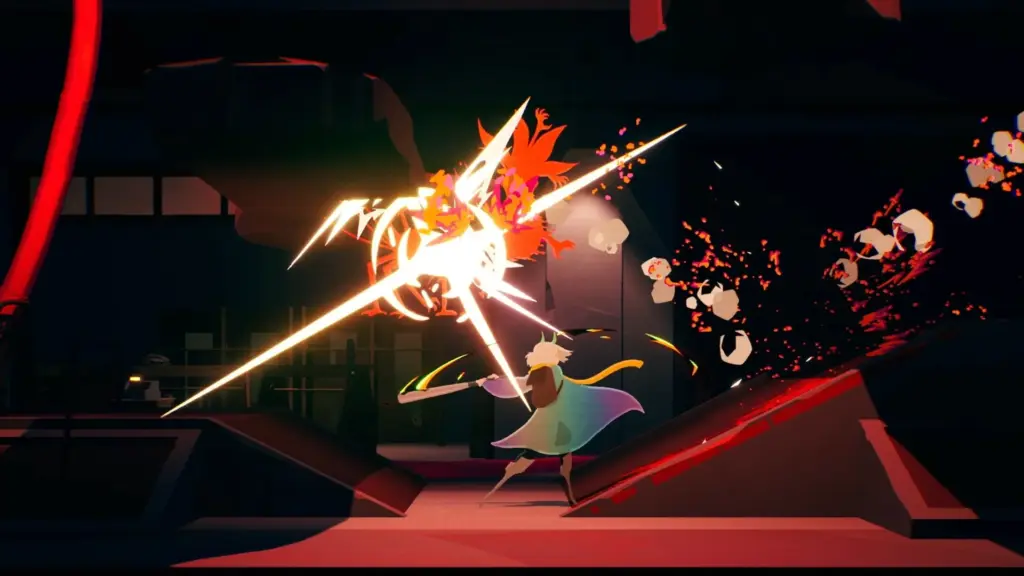 Action scene from Possessor(s) Game showing Luca mid-attack, swinging a glowing weapon that creates a bright explosive impact against a monstrous enemy, with sharp light streaks and fragments flying through a dark, industrial environment.