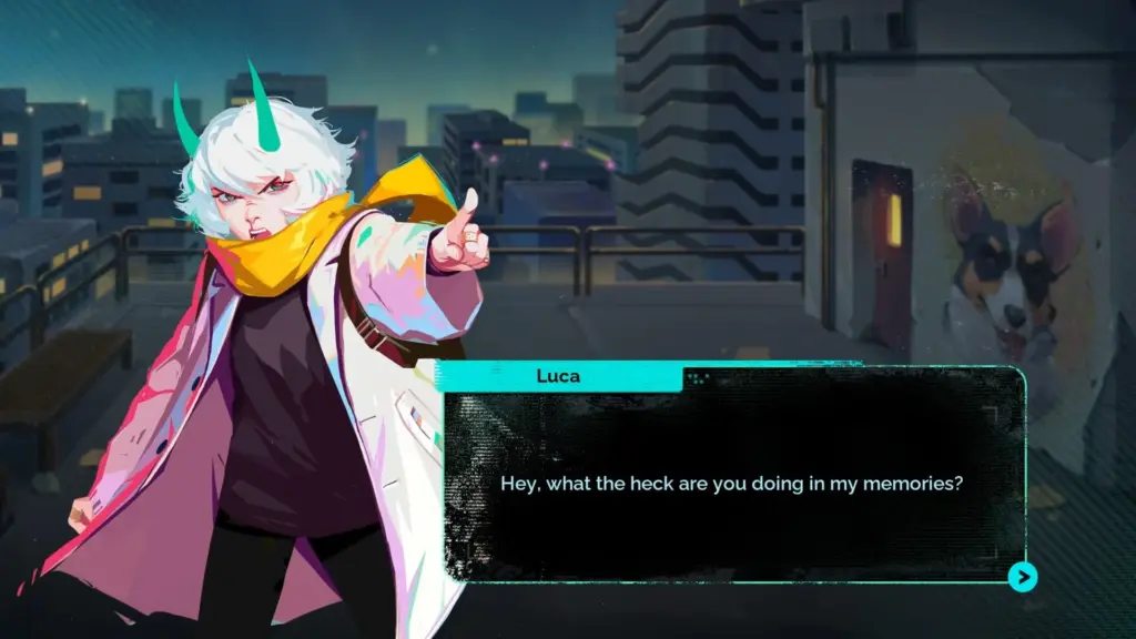 Close-up dialogue scene from Possessor(s) Game showing Luca pointing forward on a rooftop at night, with city buildings in the background and a text box that reads, “Hey, what the heck are you doing in my memories?” in a stylized visual novel interface.