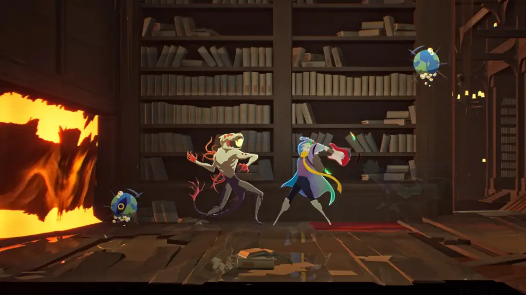 Gameplay screenshot from Possessor(s) Game showing Luca and Rehm fighting surreal enemies inside a burning library, with towering bookshelves, glowing fire, floating creatures, and fast-paced side-scrolling combat in a haunting 3D environment.